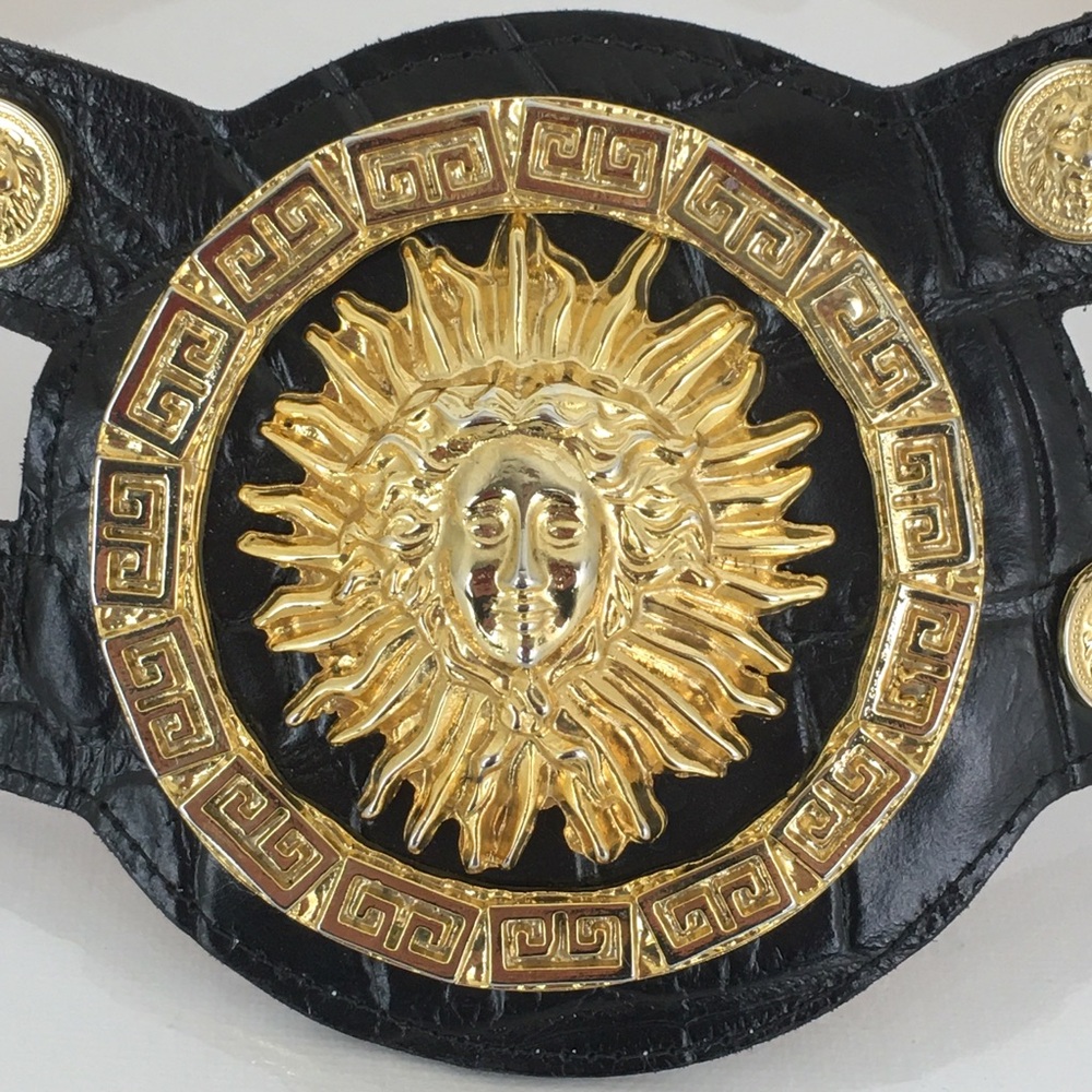 Vintage Lion Head Gold Tone Wide Statement Belt Black Croc Embossed - Picture 8 of 12